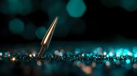 Golden metallic bullet standing upright on sparkling turquoise surface with bokeh lights and dark background, dramatic macro photography for security and defense concepts.
