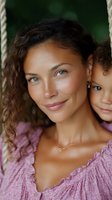 Mixed race woman with curly hair and striking blue eyes wearing pink dress smiles warmly while embracing young daughter on garden swing. Natural outdoor portrait.