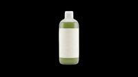 Green plastic bottle with blank white label, isolated on transparent background. Ready for branding mockups, stickers, print on demand, and product design use.
