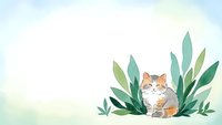 Cute orange tabby kitten sitting among green tropical leaves on soft pastel background for pet care designs and nursery decor projects.
