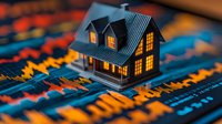 Miniature house model with glowing windows on financial stock market chart background, real estate investment and property market concept.
