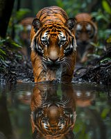 Majestic tiger walking through shallow water with perfect reflection, second tiger visible in background of dark jungle habitat.