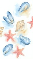 Watercolor seashells and starfish pattern on white background. Marine life illustration with mussels, conch shells in blue and coral tones for coastal decor.