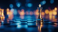 Golden chess king piece standing alone on blue illuminated chessboard with bokeh lights background, symbolizing leadership and strategic success in business.