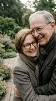 Happy senior couple embracing outdoors in autumn park wearing cozy sweaters and glasses, showing love and affection in golden hour light for lifestyle content.