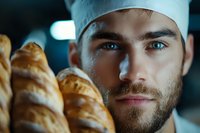 Caucasian male baker with blue eyes and beard in chef hat looking at fresh baked croissants, close-up portrait in moody professional bakery lighting.