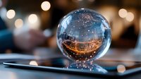 Crystal ball on digital tablet screen reflecting urban cityscape with bokeh lights in background, creating magical atmosphere for fortune telling concept.