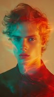 Artistic portrait with dramatic orange and turquoise color lighting effects creating ethereal mood. Curly hair and striking features enhanced by vibrant dual-tone illumination.