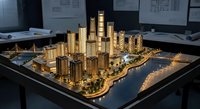 Illuminated architectural scale model of modern city development with skyscrapers and residential buildings on display table in planning office environment.