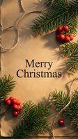 Merry Christmas rustic greeting card with fir branches, red berries, and twine on aged kraft paper background for holiday design.