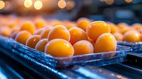 Fresh ripe apricots in plastic container at farmers market, selective focus on juicy orange fruits with soft bokeh lights in background.