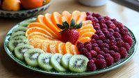 Fresh fruit platter with sliced mandarin oranges, kiwi, raspberries and strawberry arranged in colorful pattern on green ceramic plate, healthy food styling.