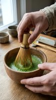 Close-up of mature adult male hands whisking matcha green tea powder in traditional ceramic bowl with bamboo whisk on wooden surface, preparing Japanese tea ceremony beverage.