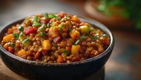 Hearty lentil stew with vegetables and herbs in rustic bowl, perfect for healthy cooking blogs, restaurant menus, and vegetarian recipe content.