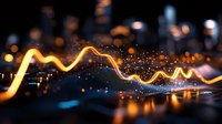 Glowing golden wave line with sparkles on dark background, financial chart concept with blurred city lights and reflective surface. Digital market data visualization.