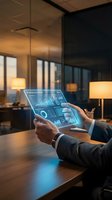 Businessman using transparent tablet with holographic data analytics dashboard in modern office environment for digital transformation and smart technology.