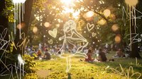 Young woman dancing joyfully in sunny park with golden bokeh lights and decorative line art elements creating magical atmosphere for lifestyle content.