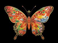 Ornate Asian-style butterfly with vibrant red, gold, and green patterns, isolated on transparent background. Great for stickers, t-shirt design, and print on demand.