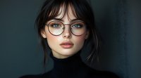Young Asian woman wearing round glasses and black turtleneck sweater against dark background, with natural makeup and dark hair, looking directly at camera.