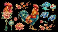 Colorful Chinese New Year rooster clipart set with lanterns, peonies, lotus, cherry blossoms, and clouds, isolated on transparent background, ready for print on demand and stickers.
