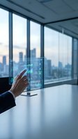 Businessman using futuristic holographic interface with data analytics in modern office overlooking city skyline for digital transformation presentations.