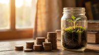 Young plant growing in glass jar with stacked coins on wooden table near window, symbolizing financial growth and investment savings concept.