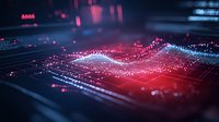 Abstract digital wave of glowing particles flowing over circuit board surface with red and blue neon lights creating futuristic technology visualization.