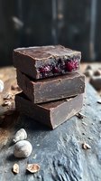 Stack of dark chocolate fudge pieces with cherry filling on slate stone surface, surrounded by nuts and chocolate chips, moody food photography.
