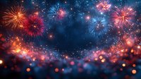 Vibrant fireworks display illuminating dark night sky with red and blue bursts, sparkling bokeh lights creating festive atmosphere for celebration backgrounds.