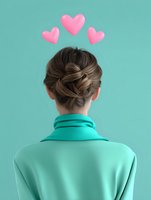 Back view of woman with elegant updo hairstyle wearing turquoise turtleneck sweater with pink hearts floating above head against mint green background.