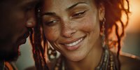 Young woman with freckles and curly hair smiling at partner in warm sunset light, creating intimate romantic atmosphere.