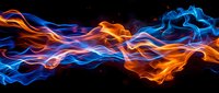 Abstract flowing fire and electric energy waves in vibrant orange, blue, and yellow colors against a dark background. Suitable for backgrounds, headers, and digital design projects.