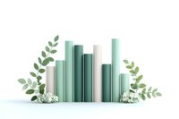 Row of mint green and white books arranged by height with delicate eucalyptus leaves and small white flowers on clean white background, creating minimal composition.