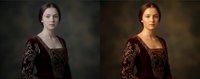 Young Caucasian woman in ornate medieval burgundy dress with intricate embroidery, before and after portrait comparison showing dramatic lighting transformation.
