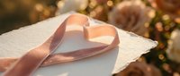 Soft pink ribbon shaped into a heart on a white textured card, surrounded by blush roses in warm golden light, romantic wedding stationery concept.