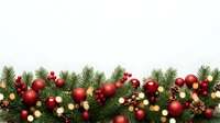 Festive evergreen garland with red and gold ornaments, pinecones, and berries arranged on white background for holiday decorations, greeting cards, and seasonal design projects.