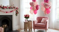 Romantic Valentine's Day living room interior with pink balloons, heart decorations, roses and cozy armchair for holiday celebration and love.