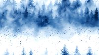 Misty winter forest landscape in watercolor technique with pine trees silhouettes and fog effect in blue tones, creating atmospheric nature scene.