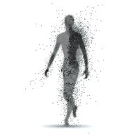 Male silhouette dissolving into particles against white background, depicting transformation, consciousness or spiritual awakening concept for wellness designs.