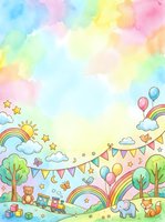 Pastel watercolor background with rainbows, clouds, balloons, bunting flags, stars, toys, and woodland animals. Soft, dreamy aesthetic suitable for children's designs, nursery decor, greeting cards, and baby shower invitations.