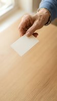 Senior man with wrinkled skin holding blank white business card in hand wearing blue shirt, wooden table background, suitable for corporate identity and branding projects.