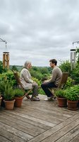 Senior Caucasian woman and young Caucasian man having conversation on wooden deck surrounded by potted plants and garden landscape under cloudy sky.