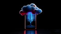 Glowing tree silhouette under digital cloud with neon rain streams in smartphone screen, dark surreal concept art on black background. Modern tech metaphor.