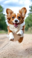 Joyful Papillon dog jumping and running with excited expression, ears flying in air against blurred natural background. Playful pet portrait in action.