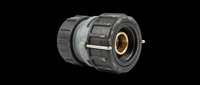 Industrial garden hose connector with brass fitting, isolated on transparent background. Ready for design use on product mockups, instructional graphics, e-commerce listings, and technical illustrations.