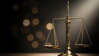 Golden scales of justice with ornate details on dark background with warm bokeh lights for legal and law firm presentations.