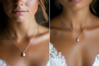 Elegant pearl pendant necklace on silver chain against decolletage with white lace wedding dress detail, close-up collage showing delicate bridal jewelry styling.