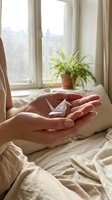 Gentle hands holding delicate white origami paper crane in soft morning light by window with houseplant creating peaceful mindfulness moment.