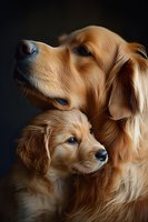 Adult golden retriever and puppy golden retriever posing together against dark background, showcasing family bond and pet companionship for advertising and editorial use.