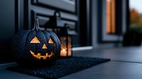 Black glittery jack-o-lantern pumpkin with carved smiling face glowing on front porch steps during Halloween evening twilight for seasonal home decoration.